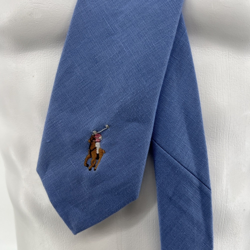VTG Polo Ralph Lauren 100% Linen Blue Big Pony Tie Hand Made In Italy